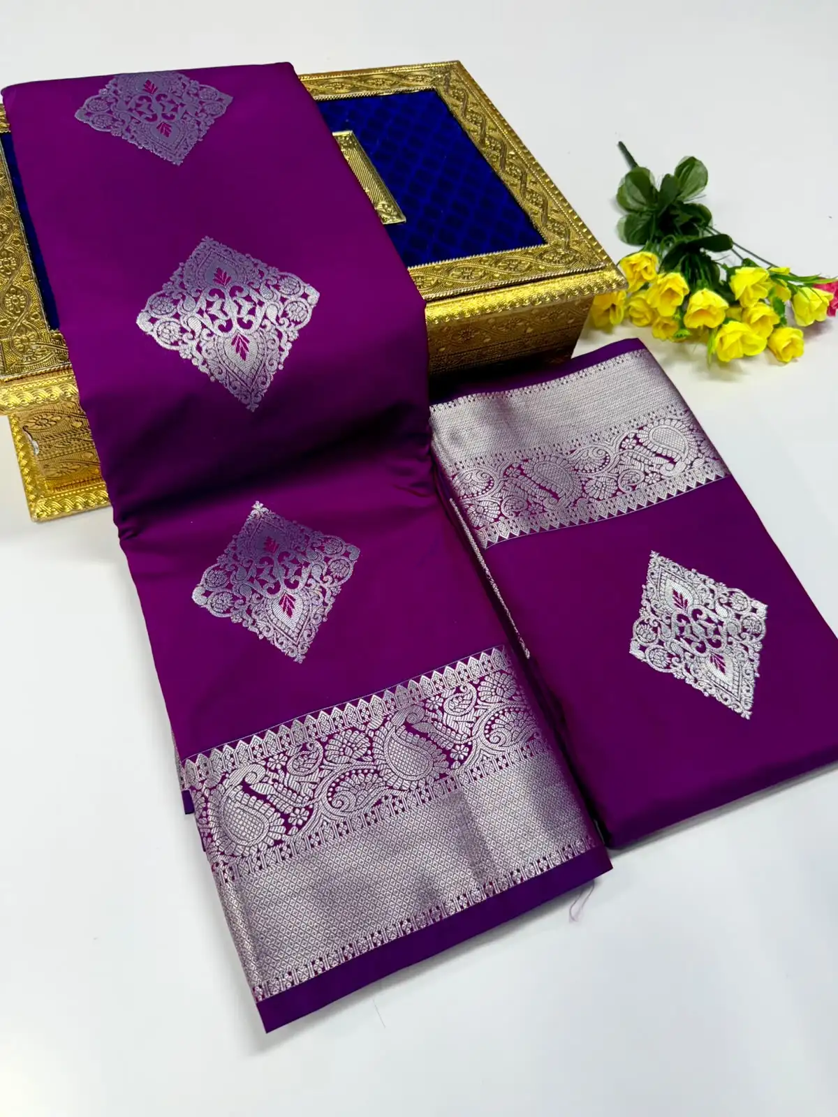 Ornate Floral Diamond Butta Peacock Brocade Border Semi Kanchipuram Silk Saree